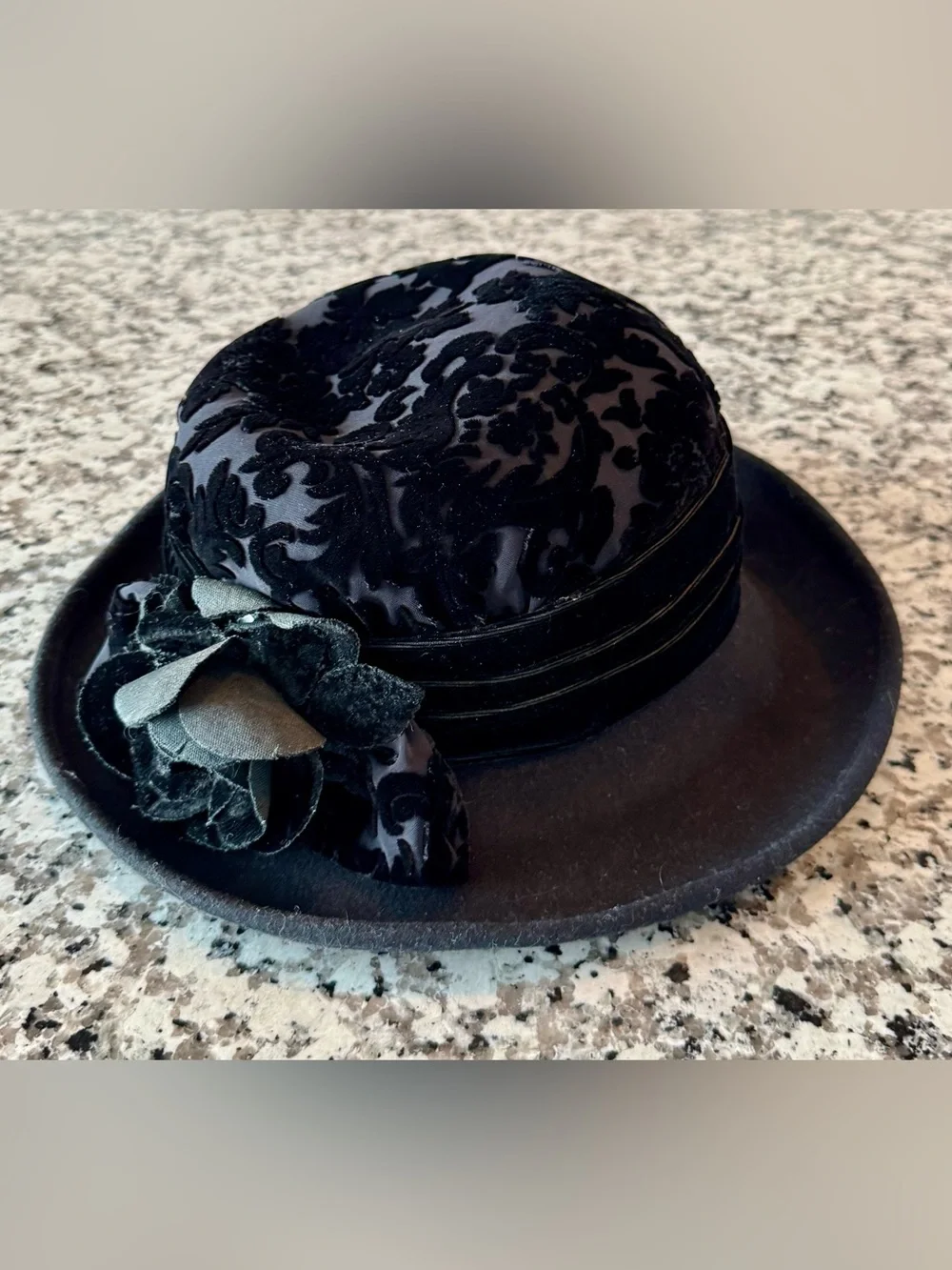 Vintage Toucan Collection Black Wool Floral Cloche Bowler Hat USA Made